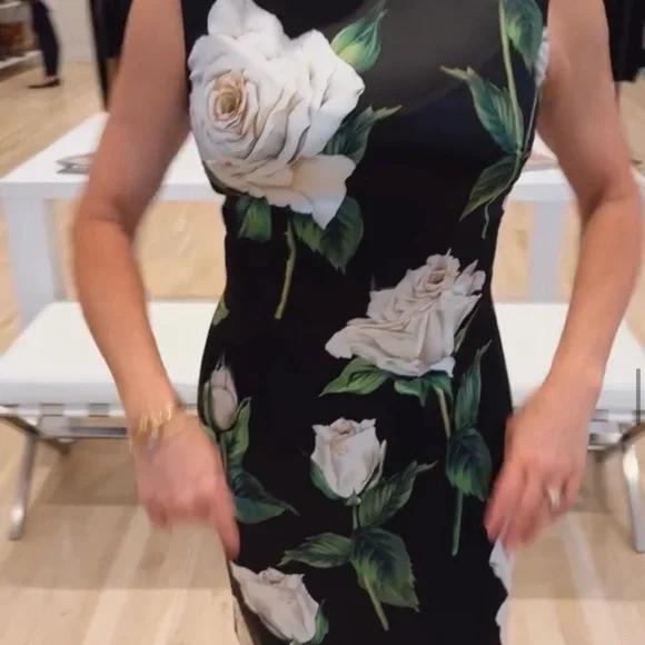 Dolce & Gabbana Black Midi Dress with White Rose Print - Picture 7 of 8